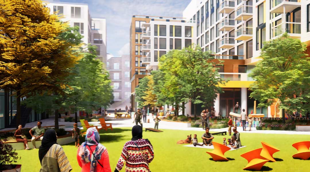 Architectural rendering of The Tapestry, a new affordable housing development by Gorman & Company in Denver’s Uptown neighborhood. The image shows two modern mid-rise apartment buildings with landscaped green space, community amenities, and pedestrian walkways. Designed for low- to moderate-income families, the development blends urban living with thoughtful design just blocks from downtown Denver.