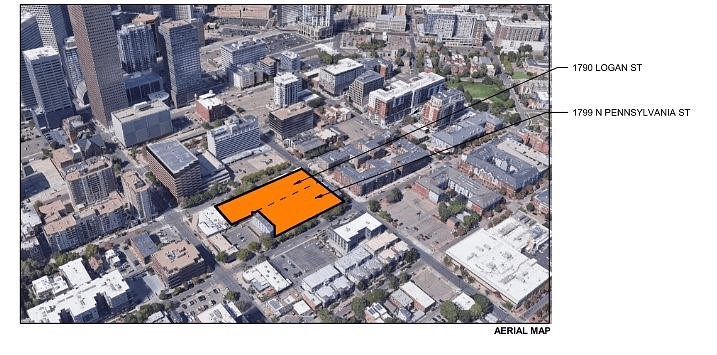 Aerial map view of Denver’s Uptown neighborhood highlighting the future site of The Tapestry, an affordable housing development by Gorman & Company. The site is outlined in orange and situated between 1790 Logan Street and 1799 North Pennsylvania Street, just blocks from downtown Denver.